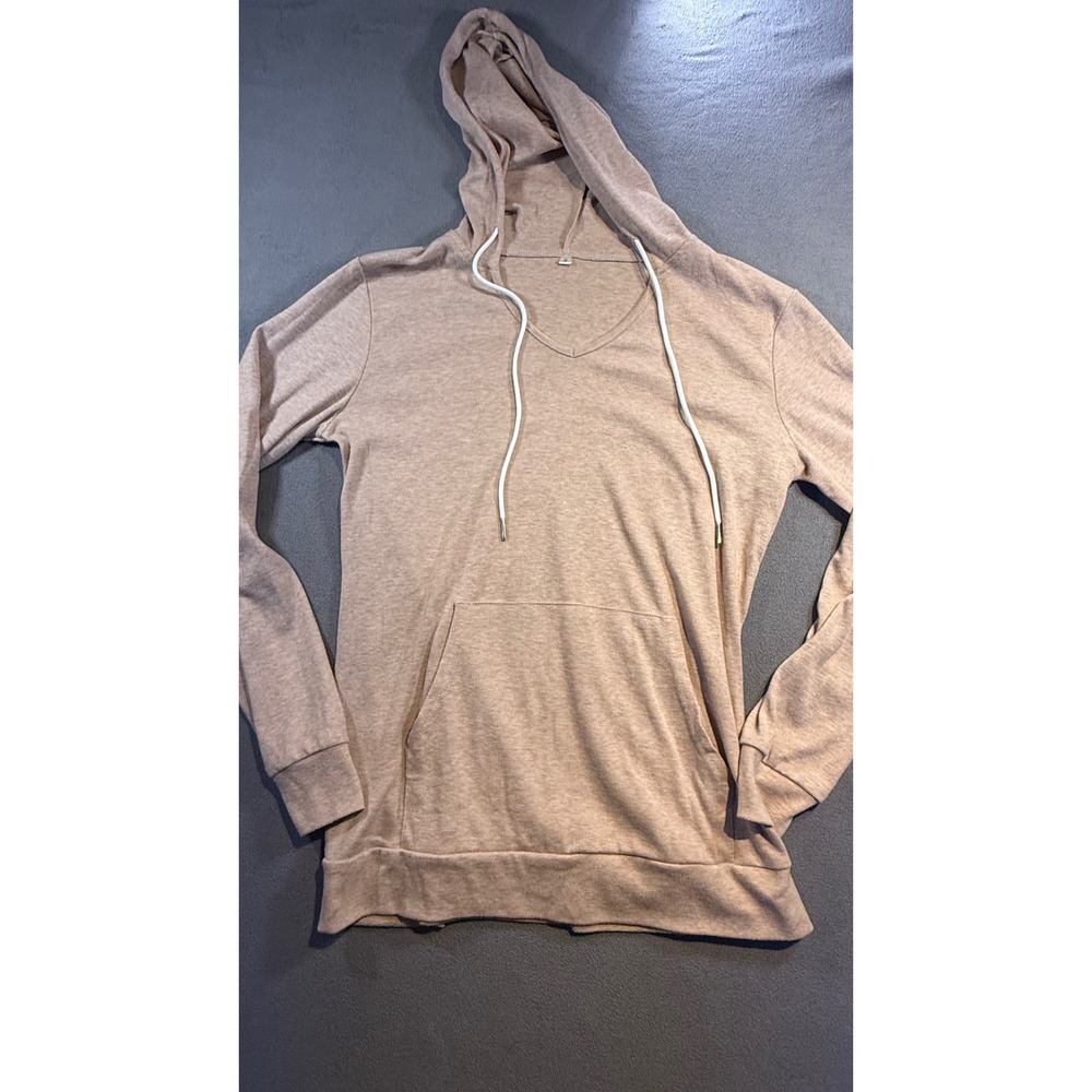 Womens V-Neck Pullover Hoodie Heathered Tan Lightweight Sweatshirt Small